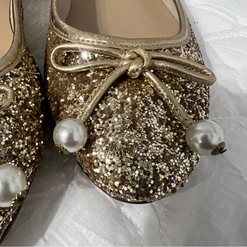 Kate Spade Ellio Ballet Flats Gold Beaded Bow Slip On Shoes 8.5